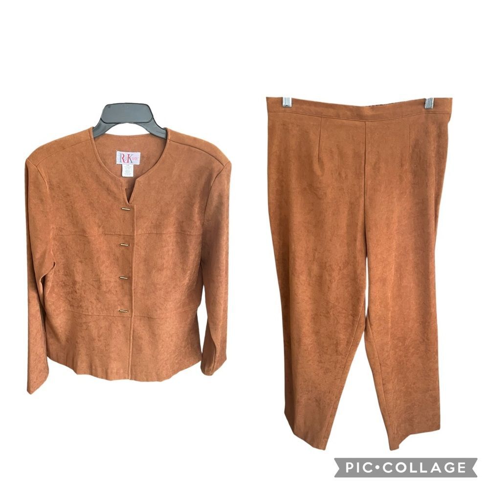 R&K Originals Vintage Moleskin Suede Brown Pant Suit / 2-Piece Set, Size 14P